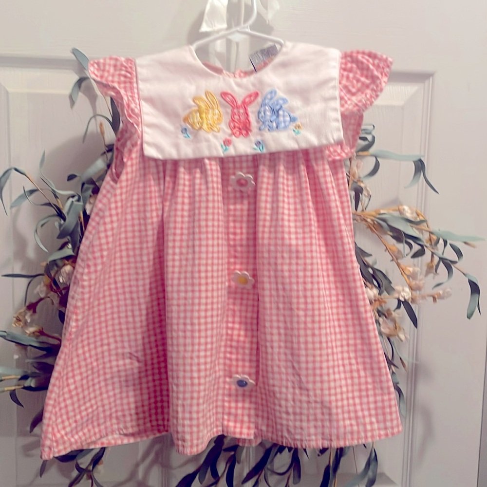 Precious bunny dress, pink & white plaid dress w/3 bunnies on the bib, 2t